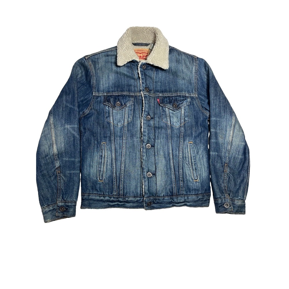 Levi Strauss & Co Mens Sherpa Lined Denim Trucker Jacket Blue Size Small S FADE